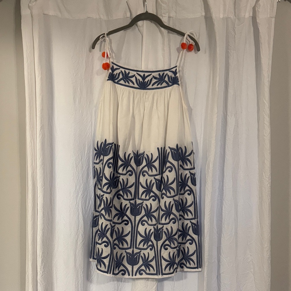 Chic White and Navy Embroidered Midi Dress